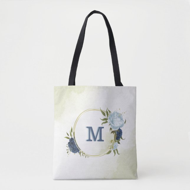 navy dusty blue floral greenery  tote bag (Front)