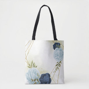 navy dusty blue floral greenery tote bag