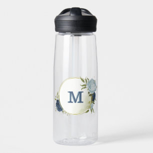 navy dusty blue floral greenery water bottle