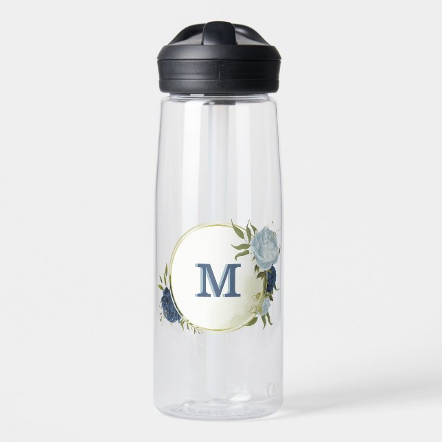 navy dusty blue floral greenery  water bottle (Front)