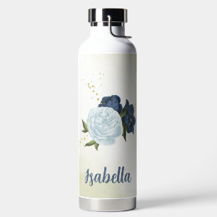 navy dusty blue floral greenery water bottle