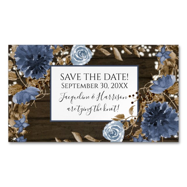 Navy Dusty Blue Floral Rustic Wood Save the Date Magnetic Business Card (Front)