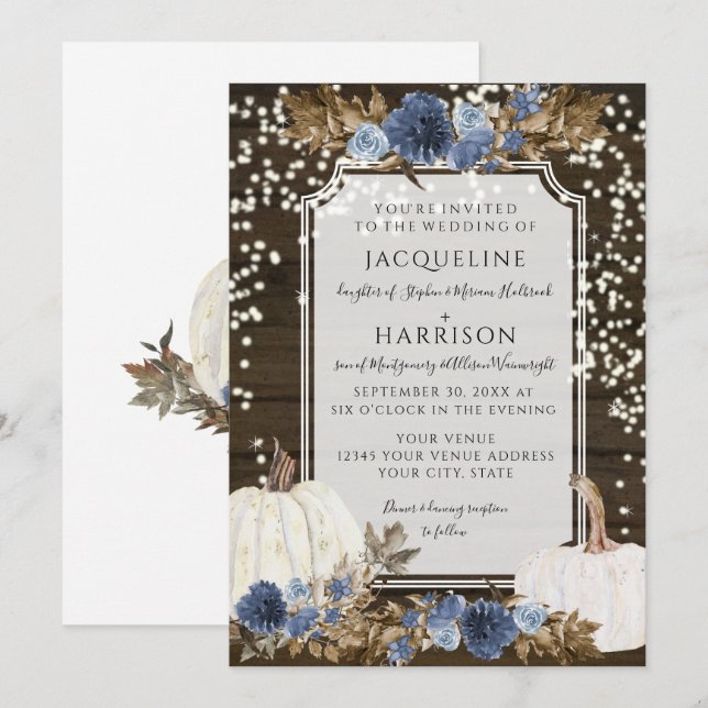 Navy Dusty Blue Floral RusticTwinkle Light Wedding Invitation (Front/Back)