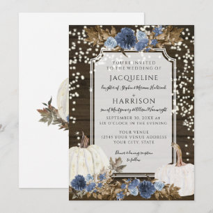 Navy Dusty Blue Floral RusticTwinkle Light Wedding Invitation