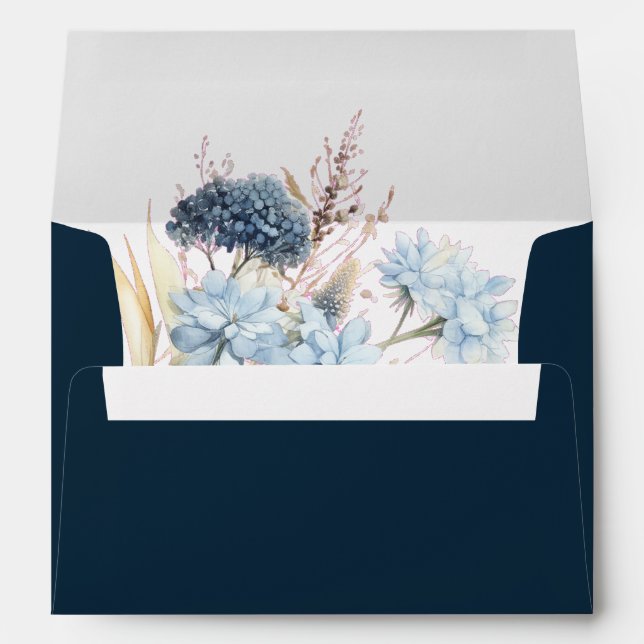 Navy Dusty Blue Floral Spring Bloom Wedding Envelope (Back (Bottom))