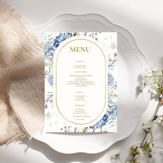 Navy Dusty Blue Floral Spring Bloom Wedding Menu (Creator Uploaded)