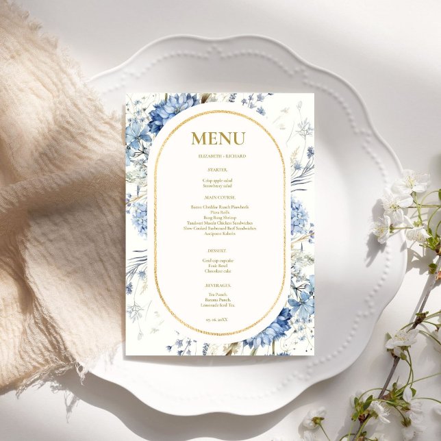 Navy Dusty Blue Floral Spring Bloom Wedding Menu (Creator Uploaded)