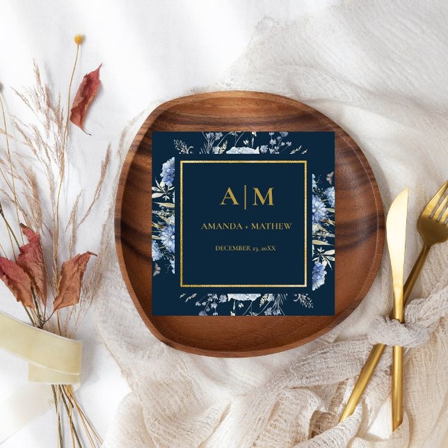 Navy Dusty Blue Floral Spring Bloom Wedding Napkin (Creator Uploaded)