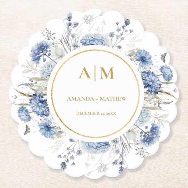 Navy Dusty Blue Floral Spring Bloom Wedding Paper Coaster (Front)