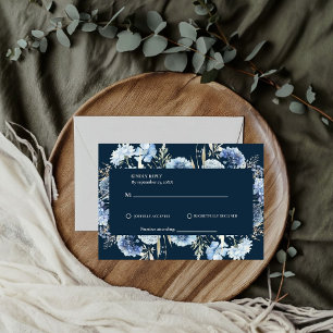 Navy Dusty Blue Floral Spring Bloom Wedding  RSVP Card