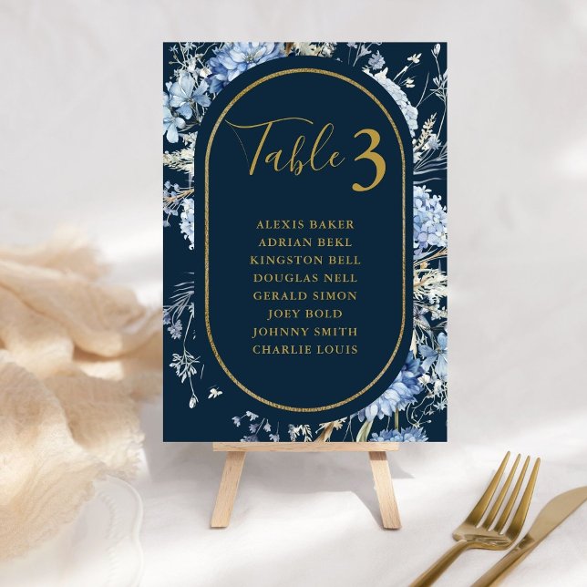 Navy Dusty Blue Floral Spring Bloom Wedding Table Number (Creator Uploaded)