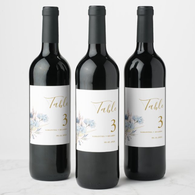 Navy Dusty Blue Floral Spring Bloom Wedding  Table Wine Label (Bottles)