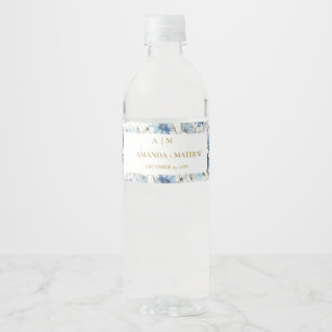 Navy Dusty Blue Floral Spring Bloom Wedding Water Bottle Label