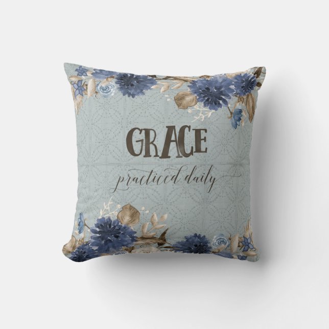 Navy Dusty Blue Floral Watercolor Grace Farmhouse Cushion (Front)