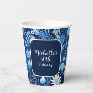 Navy Dusty Blue Flowers 50th Birthday Paper Cups