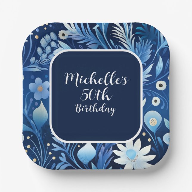 Navy Dusty Blue Flowers 50th Birthday  Paper Plate (Front)