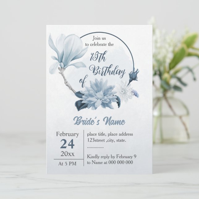 navy dusty blue flowers birthday invitation (Standing Front)