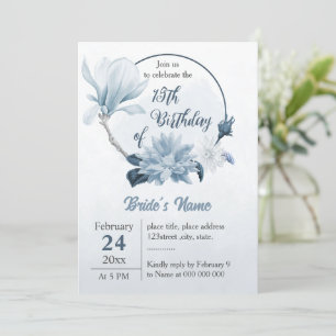 navy dusty blue flowers birthday invitation