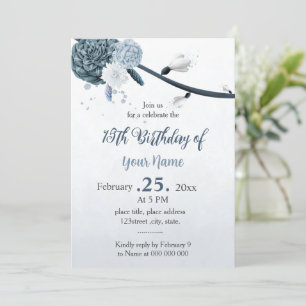 navy dusty blue flowers birthday invitation