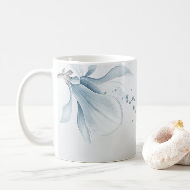 navy dusty blue flowers botanical  coffee mug (With Donut)