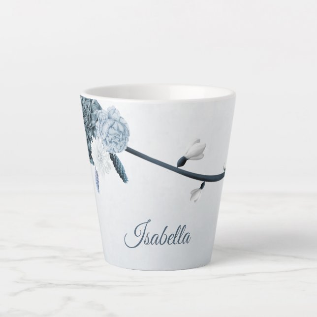 navy dusty blue flowers botanical  latte mug (Front)