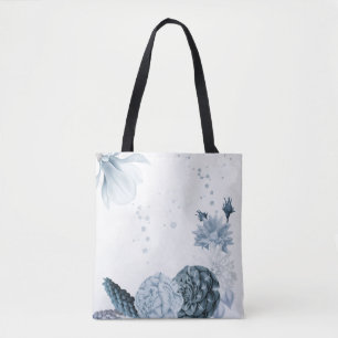 navy dusty blue flowers botanical  tote bag
