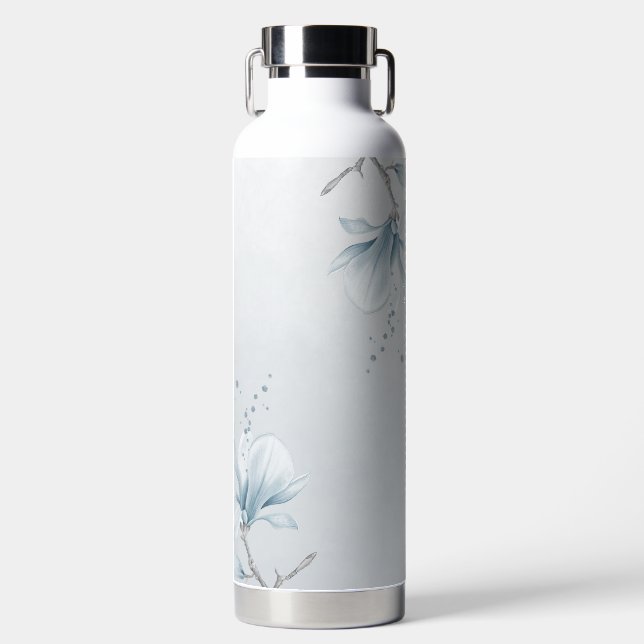 navy dusty blue flowers botanical  water bottle (Front)