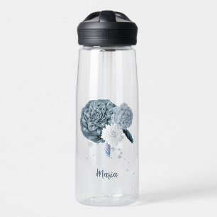 navy dusty blue flowers botanical water bottle