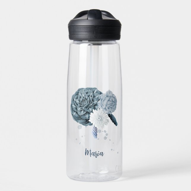 navy dusty blue flowers botanical  water bottle (Front)