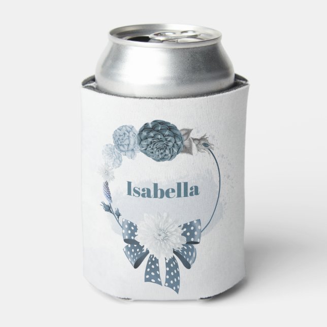 navy dusty blue flowers botanical wedding can cooler (Can Front)