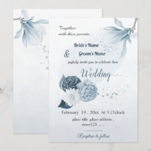 navy dusty blue flowers botanical wedding invitation