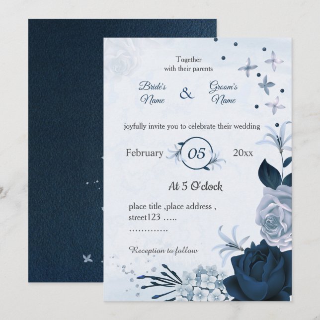 navy & dusty blue flowers botanical wedding invitation (Front/Back)