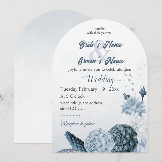 navy dusty blue flowers botanical wedding invitation (Front/Back)