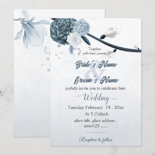 navy dusty blue flowers botanical wedding invitation