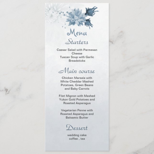 navy dusty blue flowers botanical wedding menu (Front)