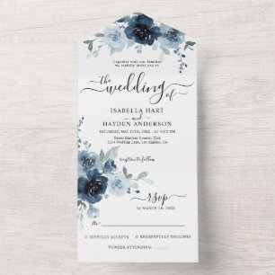 Navy Dusty Blue Flowers Botanical Wedding RSVP All In One Invitation