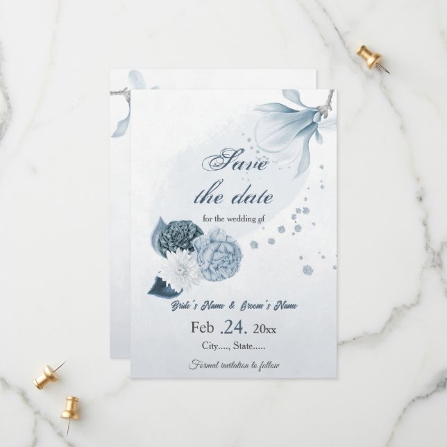 navy dusty blue flowers botanical wedding save the date (Front/Back In Situ)