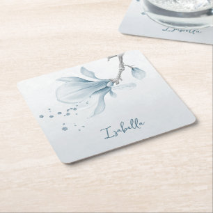 navy dusty blue flowers botanical wedding square paper coaster