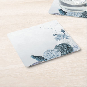 navy dusty blue flowers botanical wedding square paper coaster