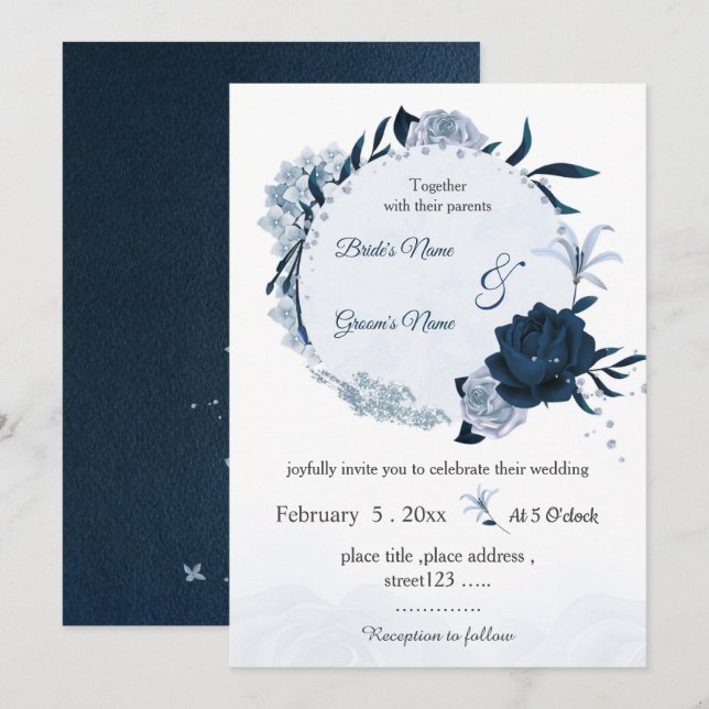 navy & dusty blue flowers botanical wreath wedding invitation (Front/Back)