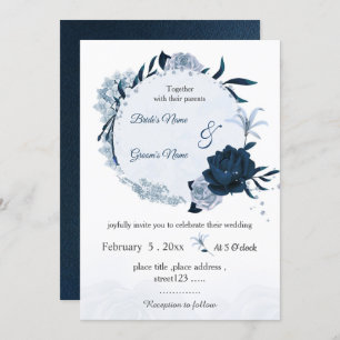 navy & dusty blue flowers botanical wreath wedding invitation