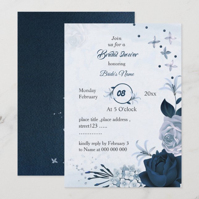 navy &dusty blue flowers bridal shower invitation (Front/Back)