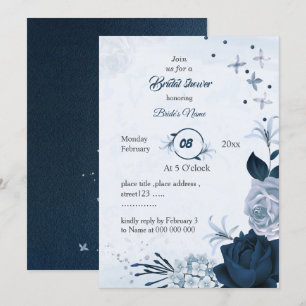 navy &dusty blue flowers bridal shower invitation