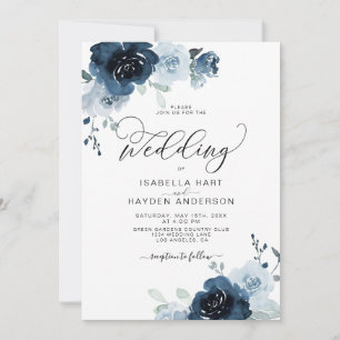 Navy Dusty Blue Flowers Floral Wedding Invitation