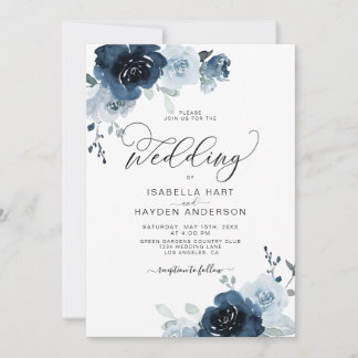 Navy Dusty Blue Flowers Floral Wedding Invitation