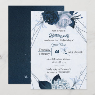 navy &dusty blue flowers geometric birthday invitation