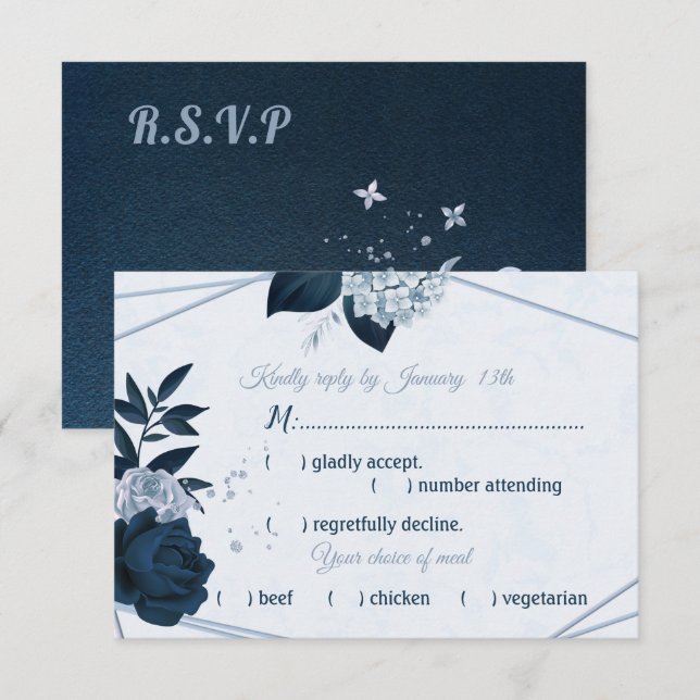 navy & dusty blue flowers geometric meal choice RSVP card (Front/Back)