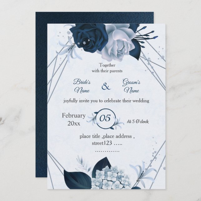 navy & dusty blue flowers geometric wedding invitation (Front/Back)