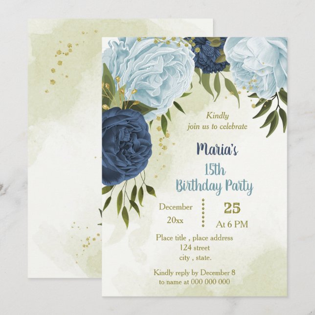 navy dusty blue flowers green leaves birthday invitation (Front/Back)