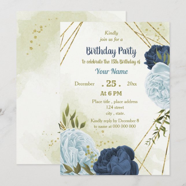 navy dusty blue flowers green leaves birthday invitation (Front/Back)